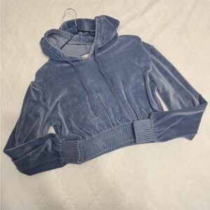 Revamped Slate Blue Velvet Crop Top Sweatshirt Women hoodie cropped short XS
